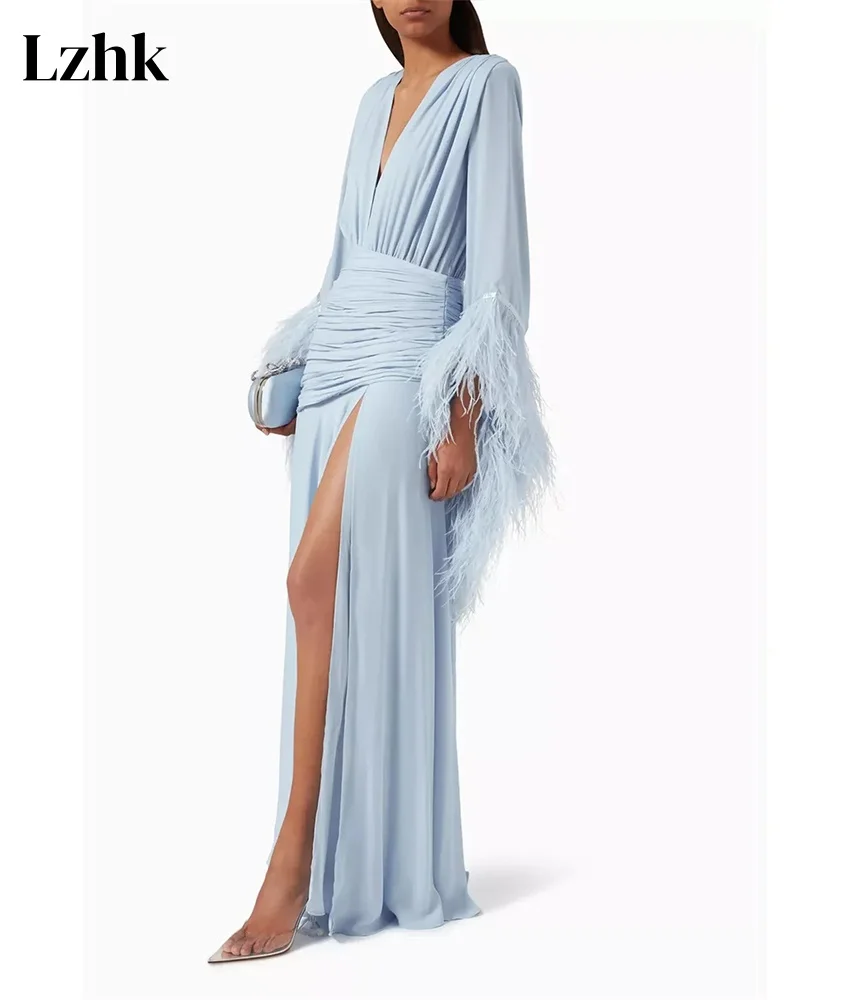 カスタマイズされたクラシックシフォンAラインフェザーイブニングドレス高品質Vネック長袖フロアレングスイブニングドレス