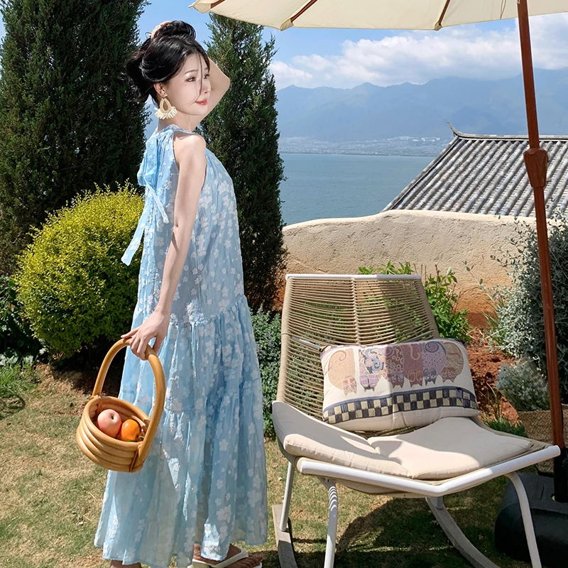 Ele Blue Floral Ricamo Off-oulder Svel Long Dr per le donne Summer Vaion Beach Holiday Gonna gonfia