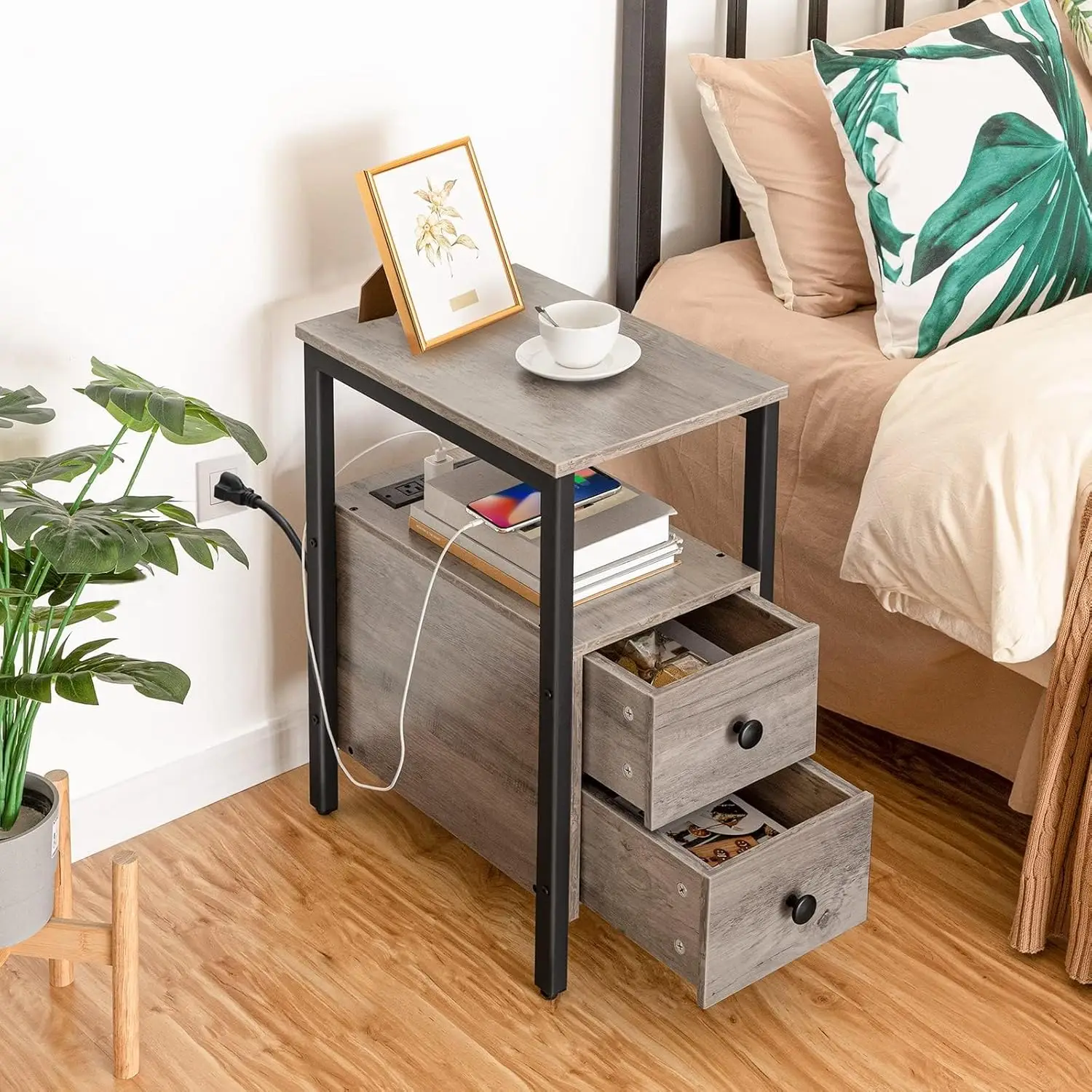 

End Table with Charging Station,Narrow Side Table with 2 Drawers & USB Ports & Power Outlets,Nightstand for Small Spaces,Bedroom