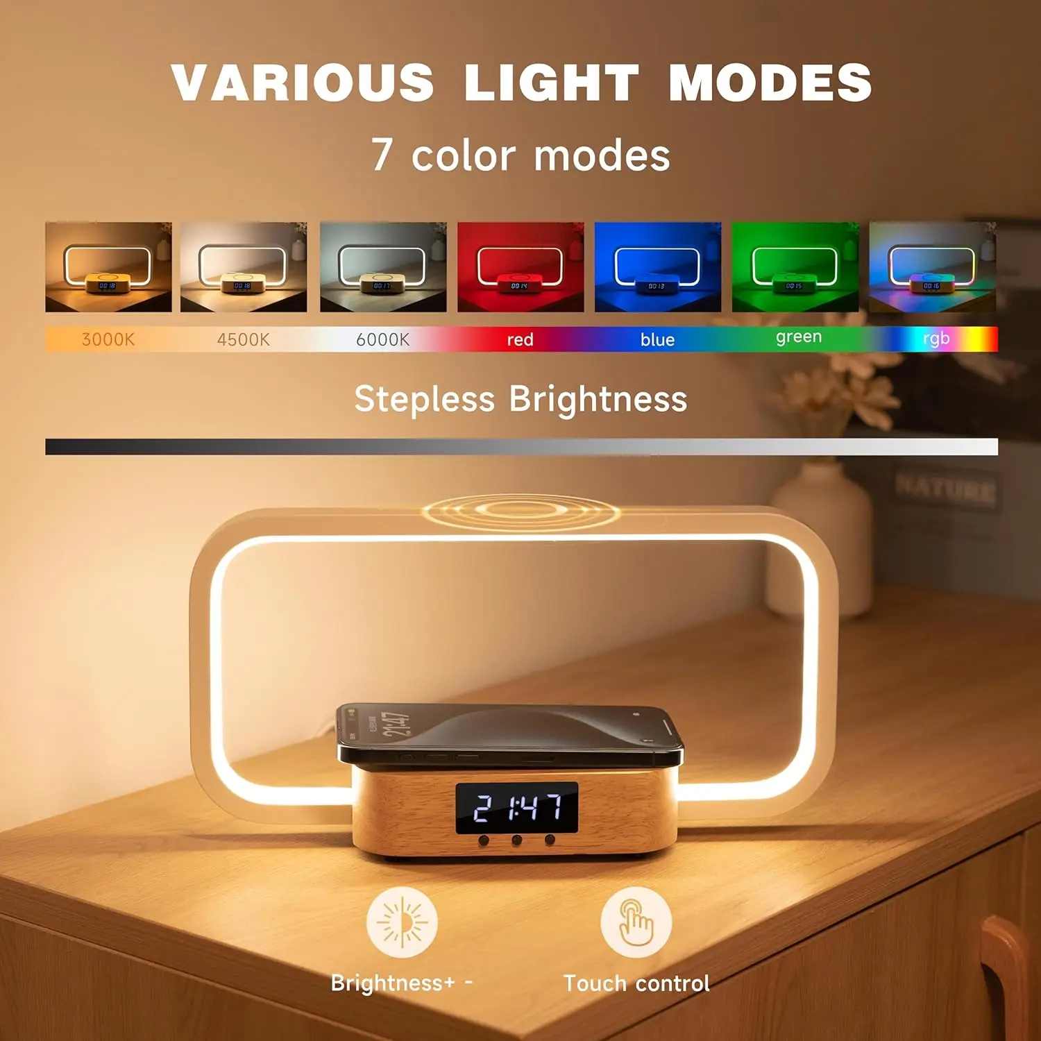 Bedside Table Lamp Wireless Charger Touch Table Lamp with RGB Modern LED Light Dimmable Suitable for Bedroom Living Room Office