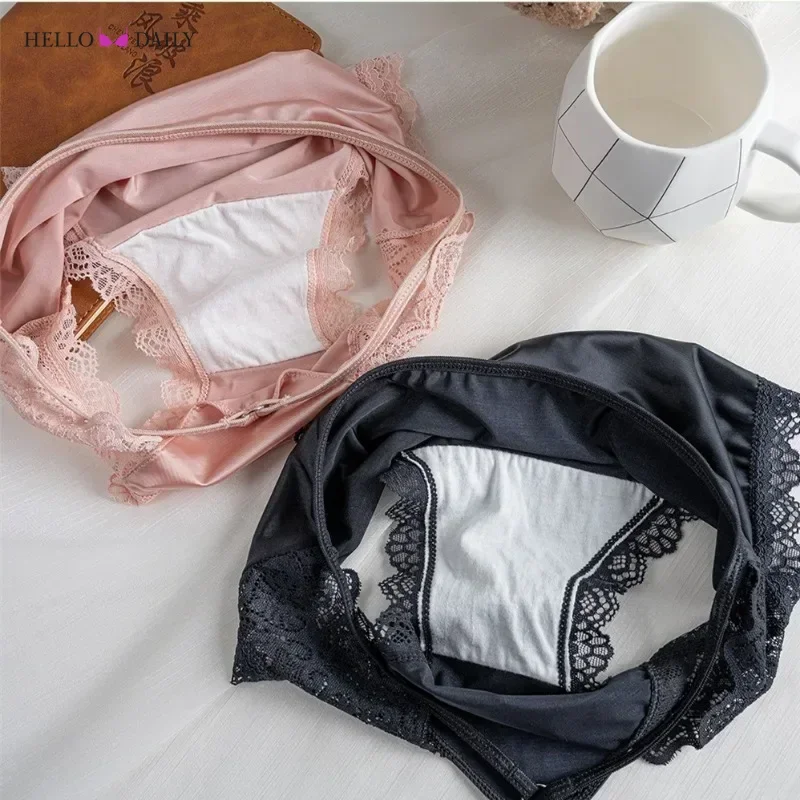 New French Style Sexy Lace Panties Women\'s Thin Hollow Out Pure Cotton Crotch Breathable Mid-low Waist Satin Underwear