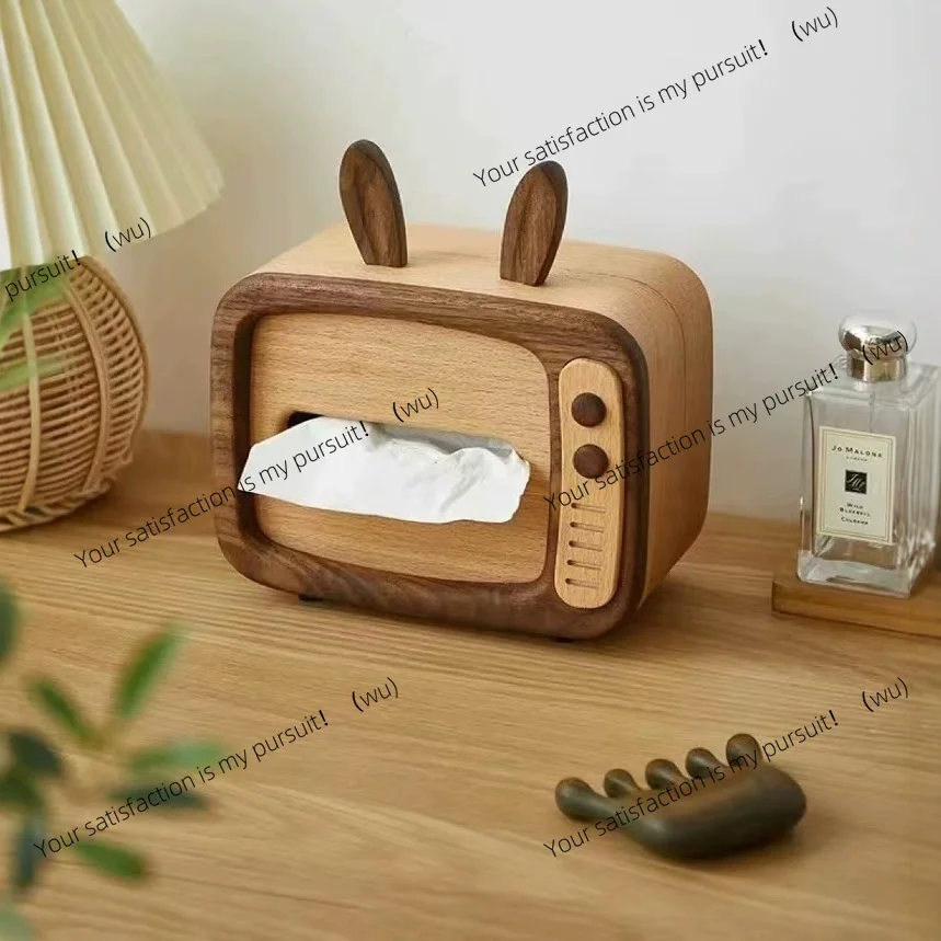 Solid wood cute tissue box, creative ornaments, living room, bedroom, light luxury storage box, high-end TV rabbit, cartoon
