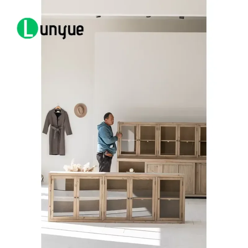 Nordic Recycled Pine Glass Display Cabinet Wooden Storage Unit for Living Room Modern Home Decor Furniture with Shelves