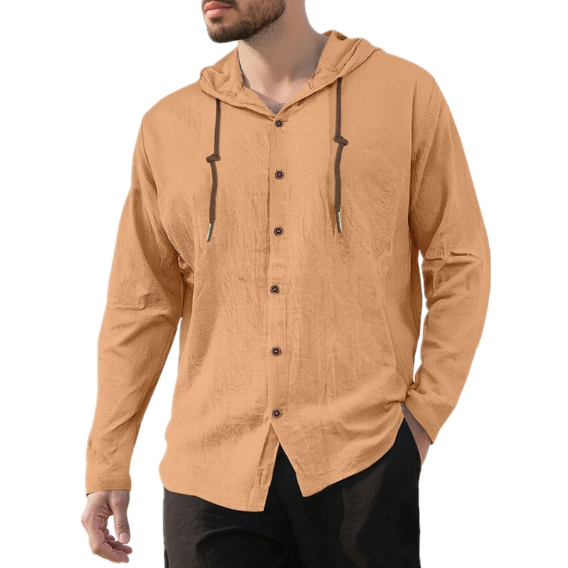 Men's Hooded Drawstring Cotton Shirt Solid Color Loose-Fit Long-Sleeve Casual Shirt Beach Jacket