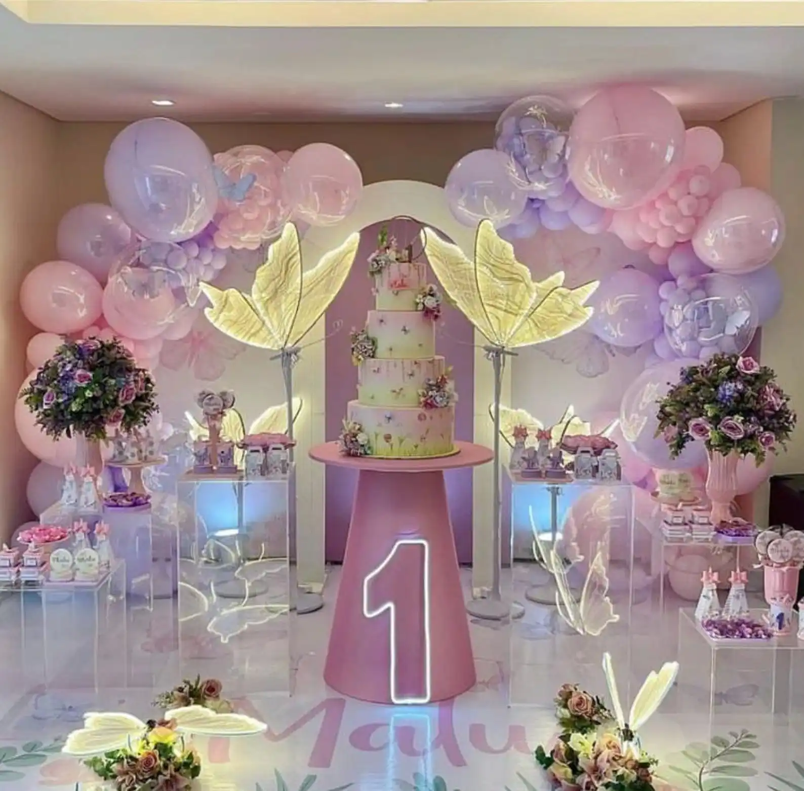 Mehofond Custom 2-Sided Purple Pink Butterfly Flowers Girls Birthday Party Baby Shower Cover Arch Wall Background Decor Backdrop