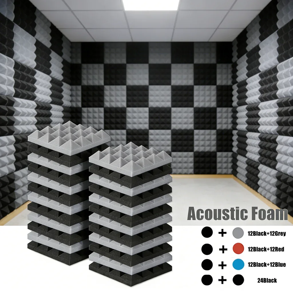 24Pcs 25x25x5cm Studio Acoustic Soundproof Foam Pyramid Noise Insulation Recording Room Sound Absorption Panels 12Black 12Grey