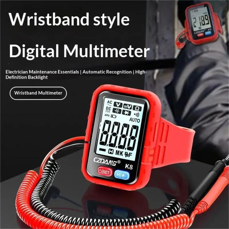 1pc Digital Multimeter Wristband – Compact, Portable Tester, Resistance & Continuity Testing, Rechargeable USB Power, Red Strap