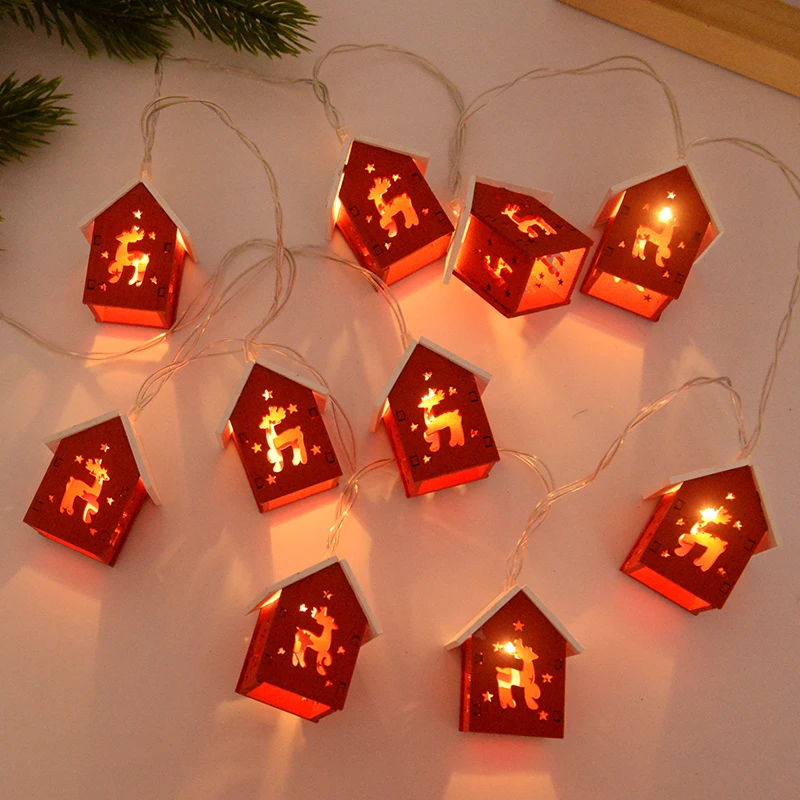 

Christmas Wood House Light String With Elk Pattern DIY Xmas Tree Hanging Ornament Christmas Home New Year Decor Garland Lamp