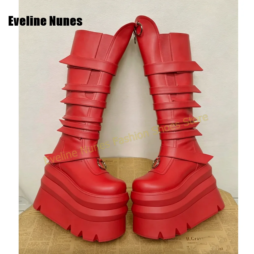 Bright Yellow Platform Knee High Boots Multi Wide Strap Metal Ring Round Toe Thick Sole Height Increase Y2K Punk Street Style view 4