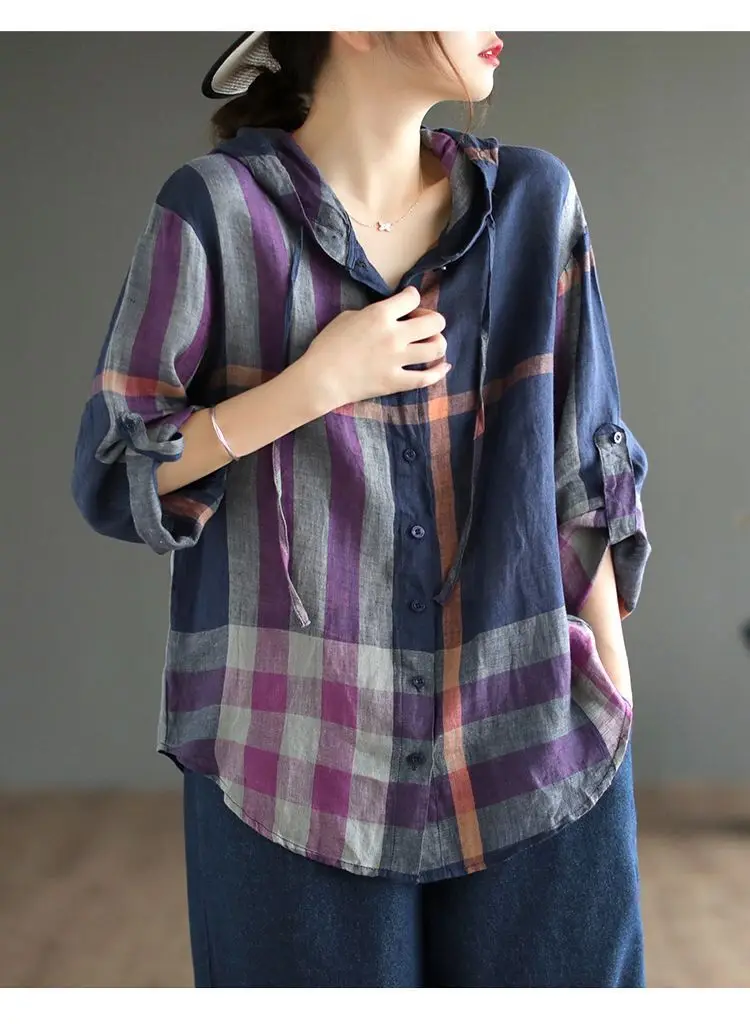 2024 Retro Autumn New Shirt for Women Autumn Edition Checkered Large Loose Casual Hooded Long Sleeve Top for Women