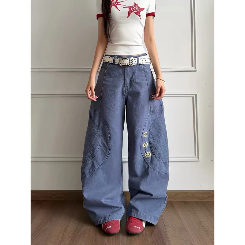 YIBASHU Women Baggy Jeans Blue Denim Pants Star Y2K Japanese Harajuku 2000s American Retro Long Trousers High Street Boyfriend