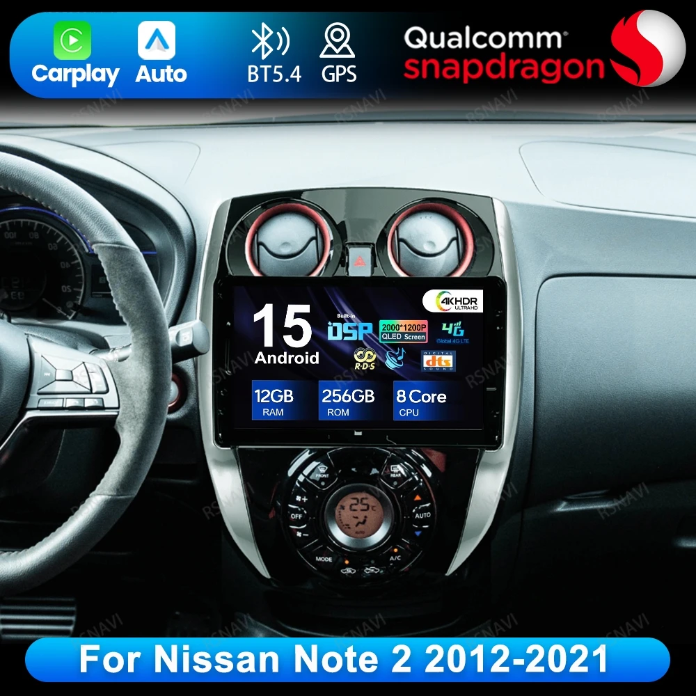 Android 15 For Nissan Note 2 2012-2021 WIFI+4G RDS Viedo Player Carplay BT Head Unit AUTO Systems QLED IPS Car Radio DVD Stereo