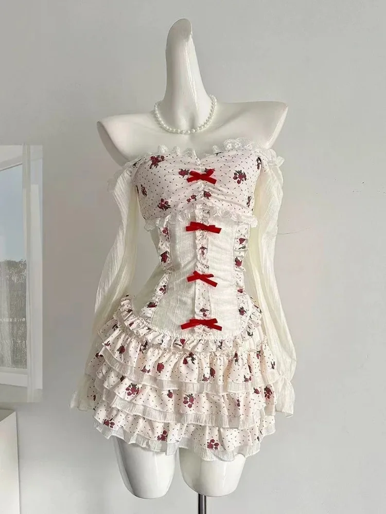

Summer Korean Sweet Fashion Floral Skirt Sets Women Sexy Off Shoulder Bow Lace Tops + Fluffy Mini Cake Skirt Party 2 Piece Set