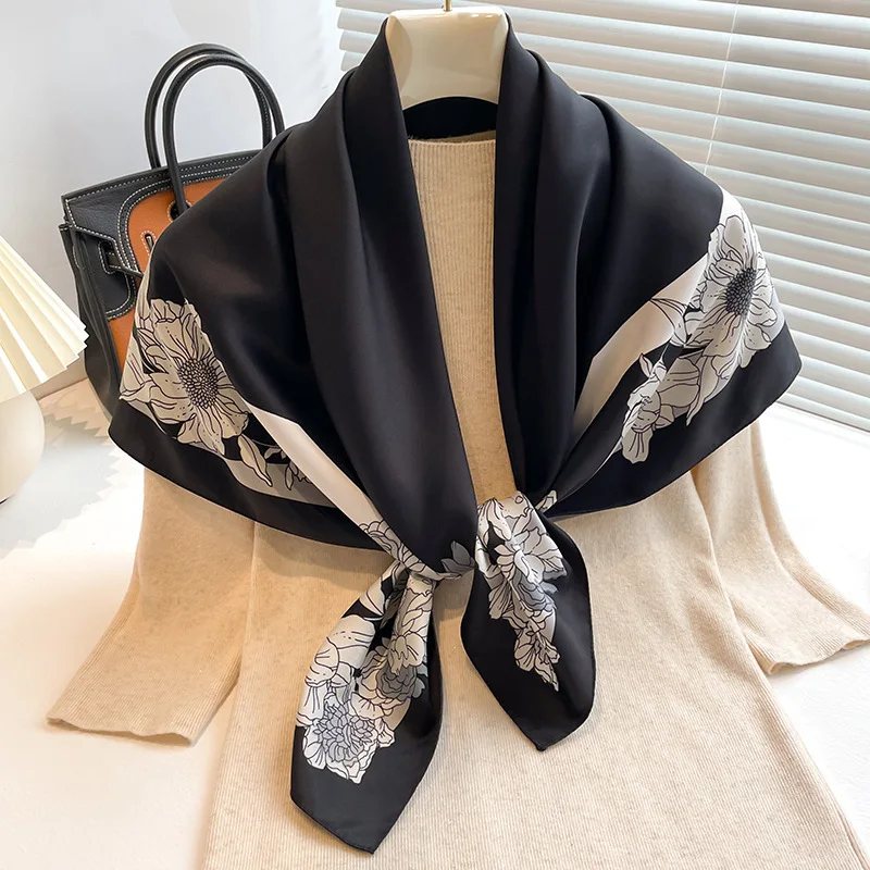 90*90cm Square Silk Scarf Women Fashion Print Neck Hair Hand Kerchief Bandana Shawl Neckerchief Hairband Ribbon Foulard Headband