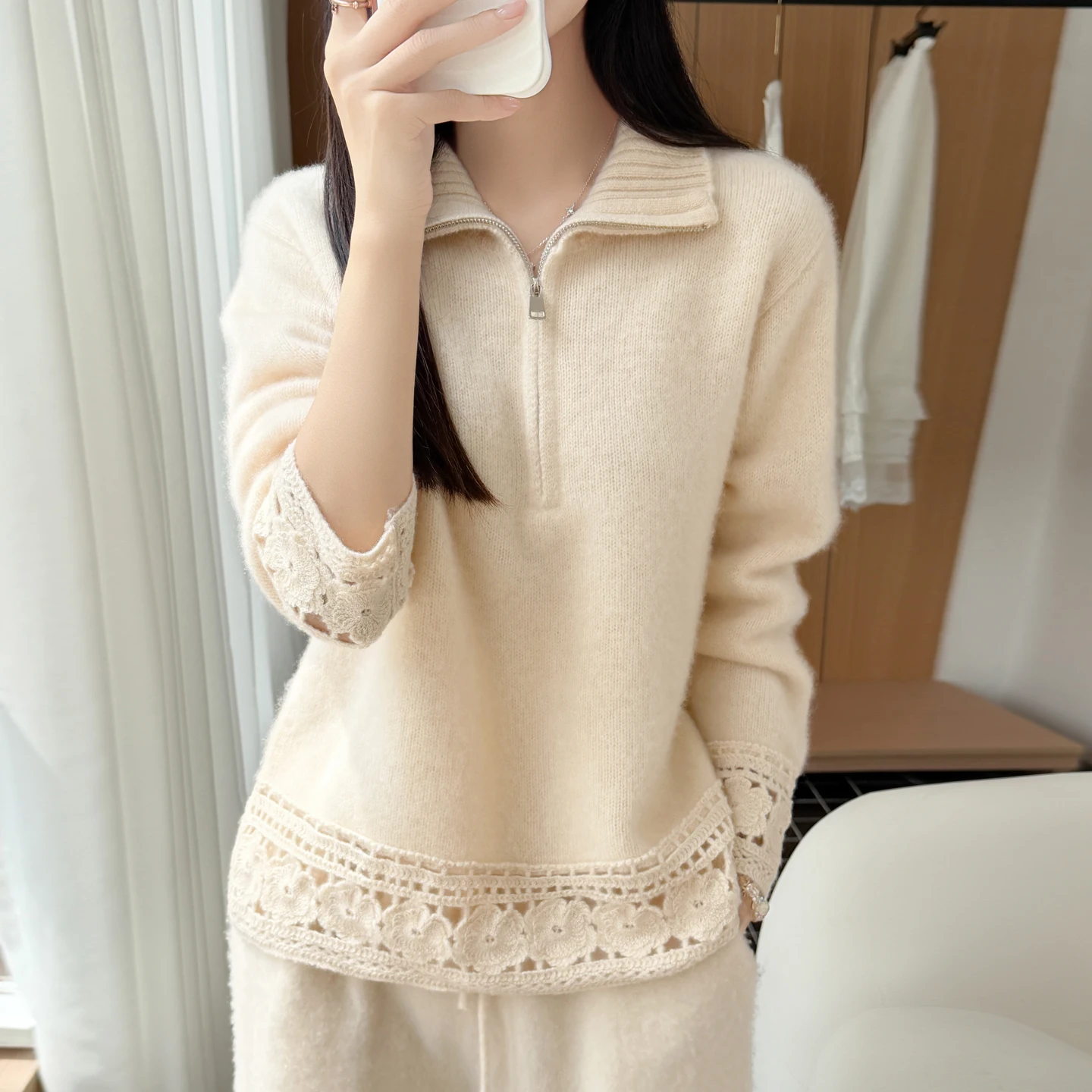 Pull en laine pure 100 % pour l’automne et l’hiver, modèle à demi-zip pour femmes, col montant, épais, avec un motif ajouré en crochet, idéal comme sous-vêtement en laine.
