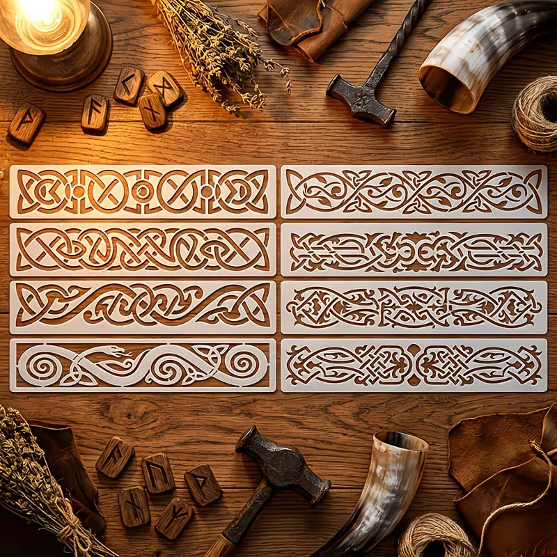 8 plantillas huecas de nudo celta reutilizables grandes, adecuadas para pintar, plantillas de nudo vikingo de PET para diseño de bordes de paredes DIY