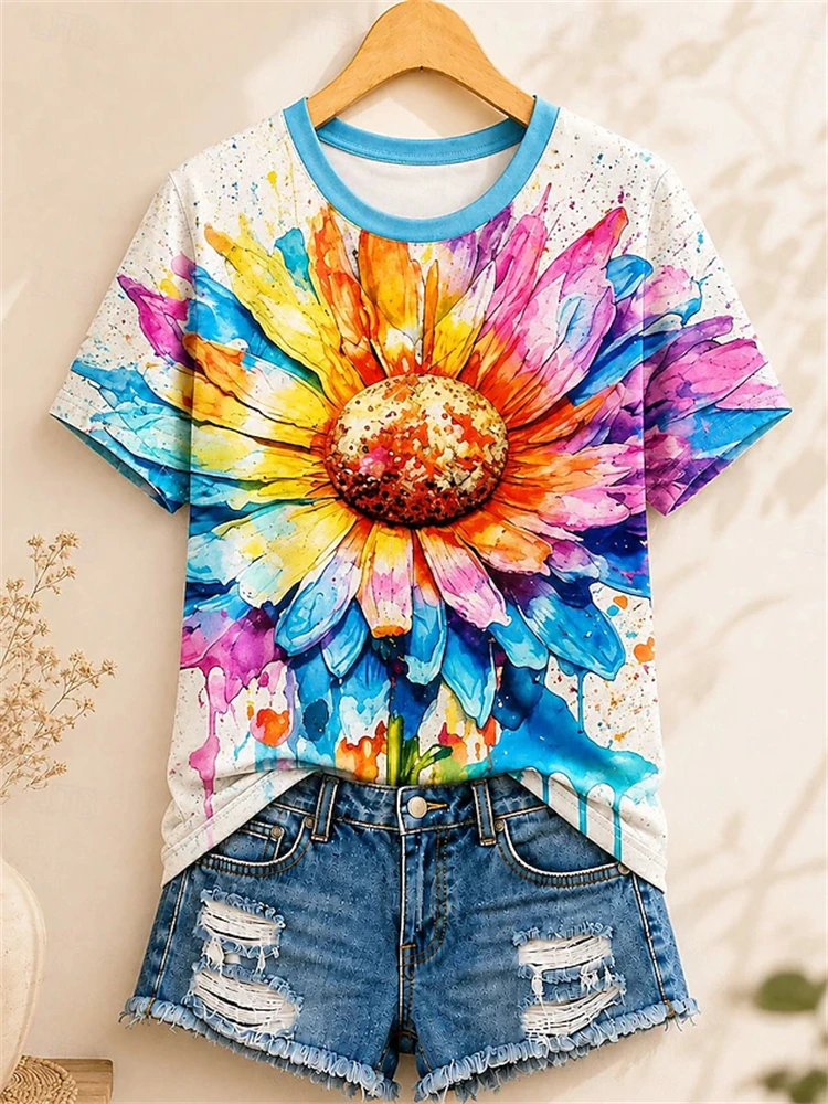 Women's New Spring Summer Casual Short-Sleeve Top Bright Floral Print Crew-Neck T-Shirt An Elegant and Stylish Top
