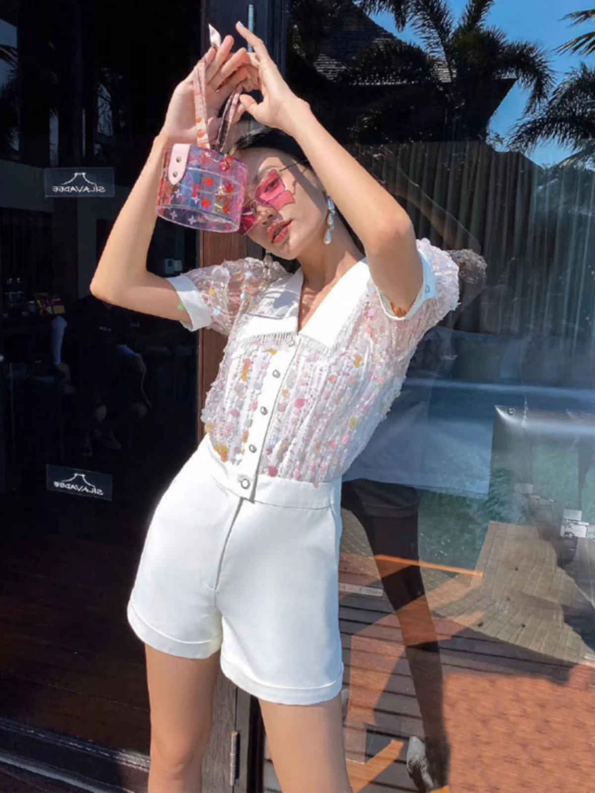 

Faionable Glitter adient Color Women's irt orts Rer High Waist Street Sle V-Ne Tassel See-tough Lace orts