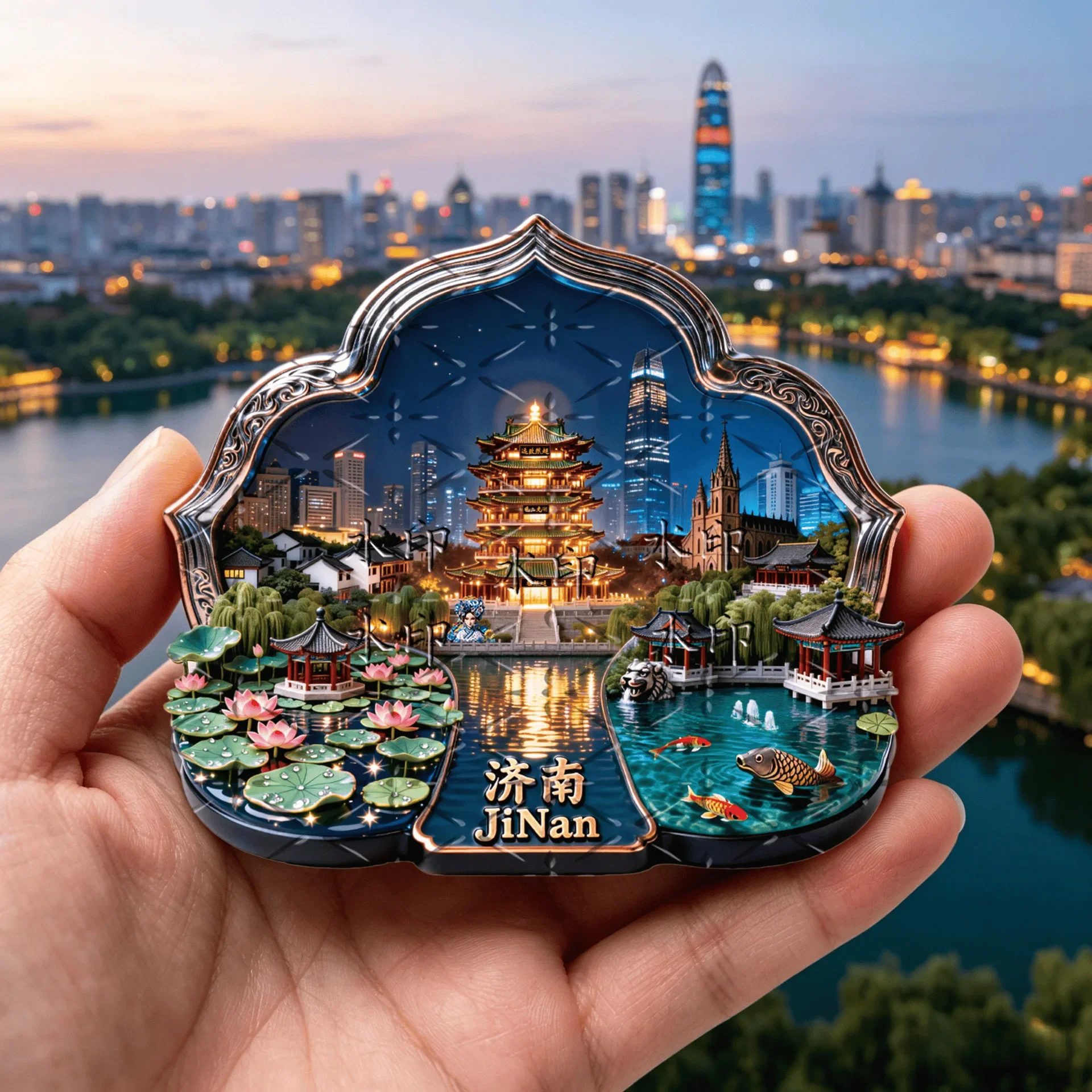3D Fridge Magnet, Jinan Shandong Daming Lake & Baotu Spring, Spring City Night View Cultural Creative Exquisite Travel Souvenir