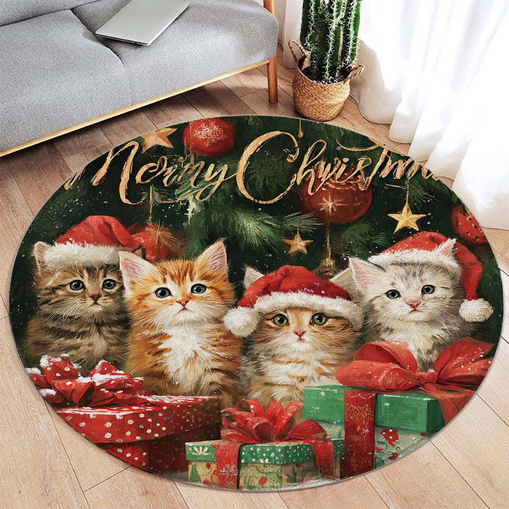 

Christmas Cat Dog Round Rug Christmas Floor Mat Holiday Decoration Xmas Gift Home Interior Carpet Rug Festival Event Carpet