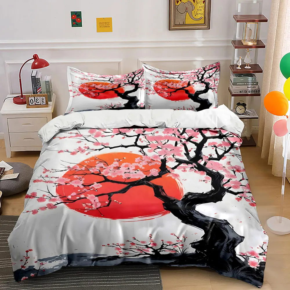 Plum blossoms and setting sun Bedding Set for Kids Luxury Gift 3pcs Digital Print Comforter Set Soft Comfortable Breathable