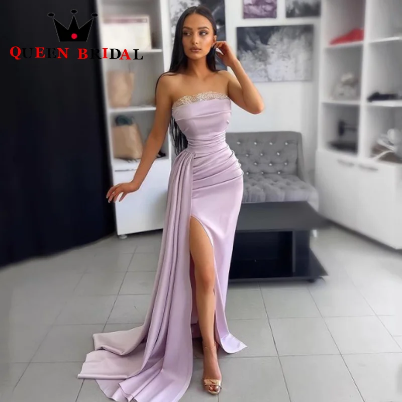 Satin Sexy Side Split Simple Prom Dresses  Floor Length Strapless Mermaid Party Cocktail Gowns Robe De Soirée Femme Custom M67J