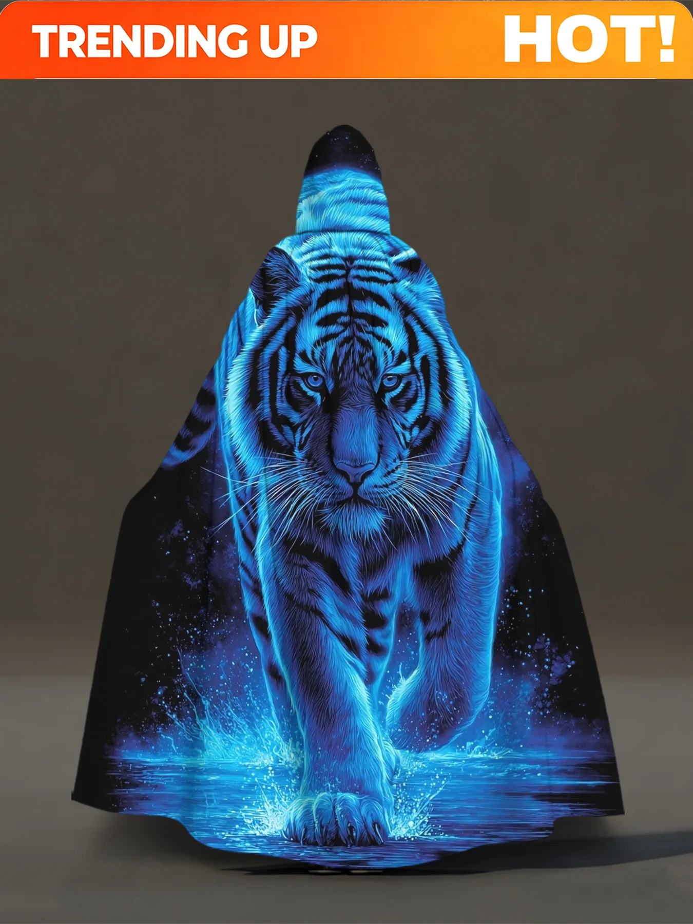 Customization [Glowing Tiger Costume] Glowing Blue Tiger Full-Body Print Hooded Retro Costume Cloak - Machine-Washable Polyester