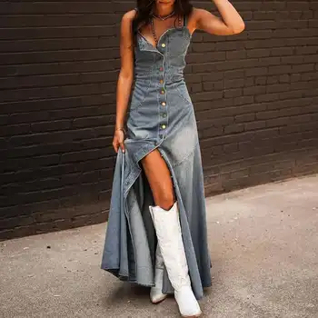 復古休閒純色牛仔女裝春季單排扣開衩長夏季無袖吊帶牛仔派對連身裙 10 最佳銷售 長袍牛仔褲 - №7