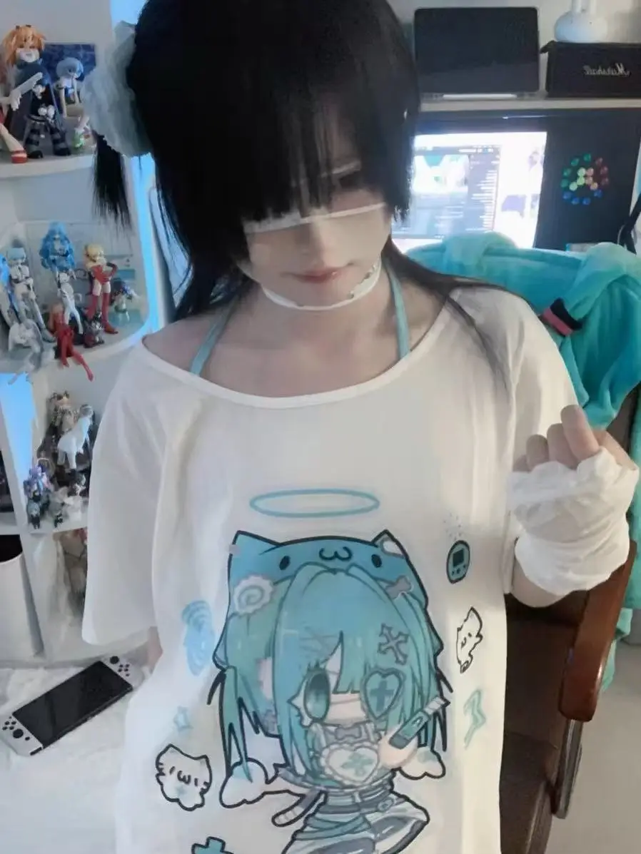 Japanese Cute Strap Residence Medium Length Short Sleeve T-shirt Female Summer Subculture Top Female Student Fashion