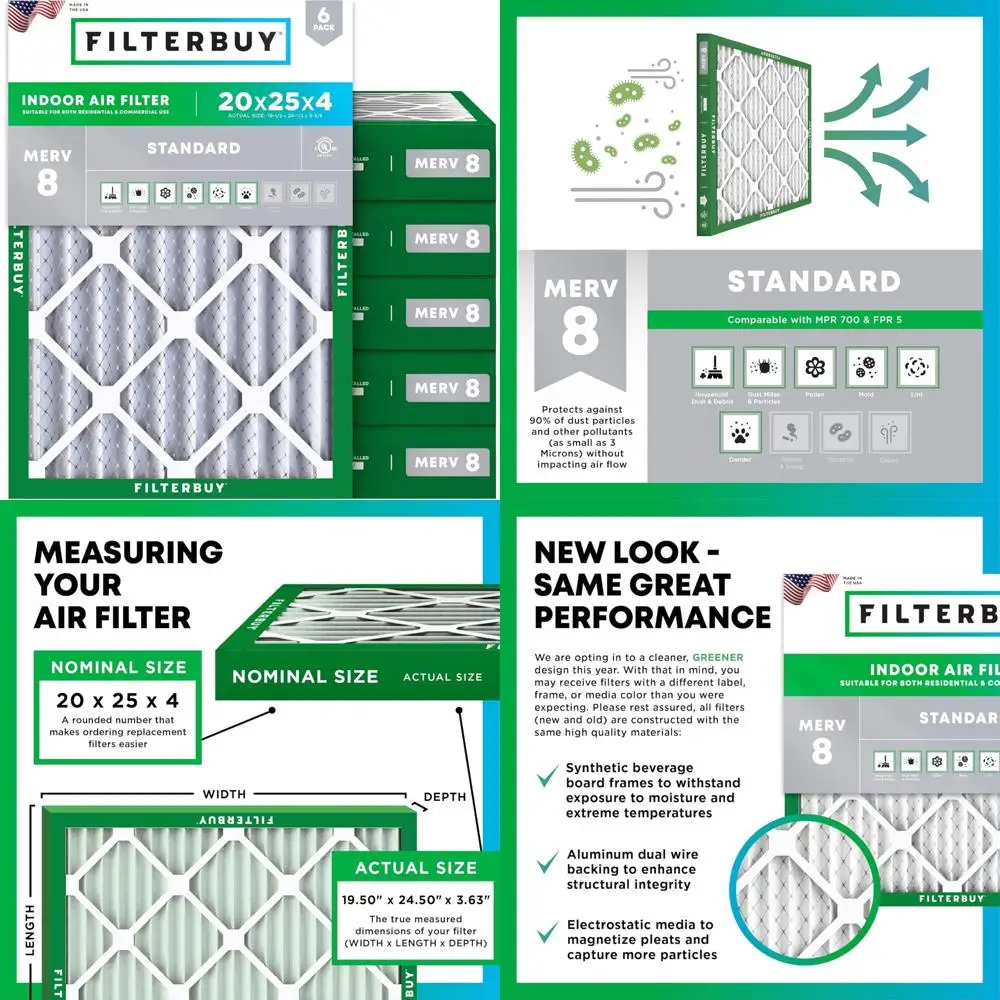 

MERV 8 Dust Defense Replacement Air Filters, 20x25x4 Pleated HVAC AC Furnace Filters, 6-Pack for Enhanced Air Quality