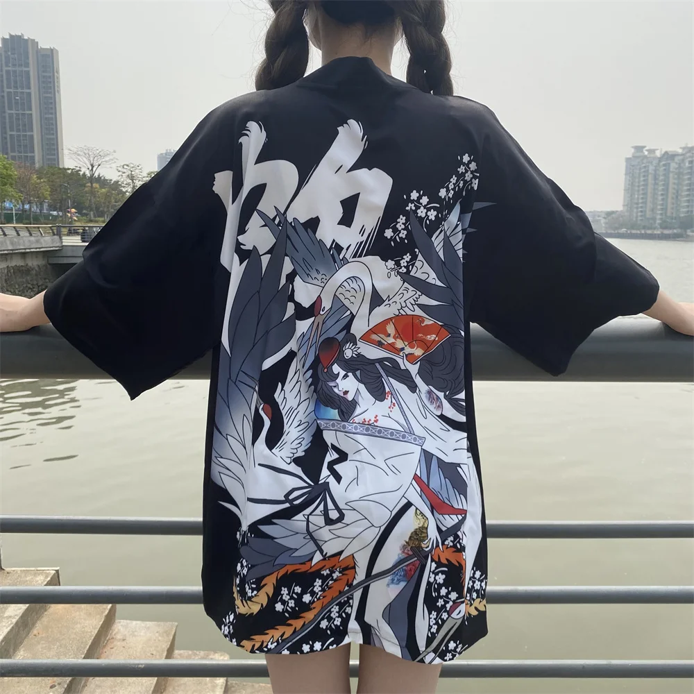 

Anime Crane Print Cosplay Japanese Kimono Cardigan Coat Beach Tops Women Clothing Shirt Samurai Yukata Haori Obi Belt