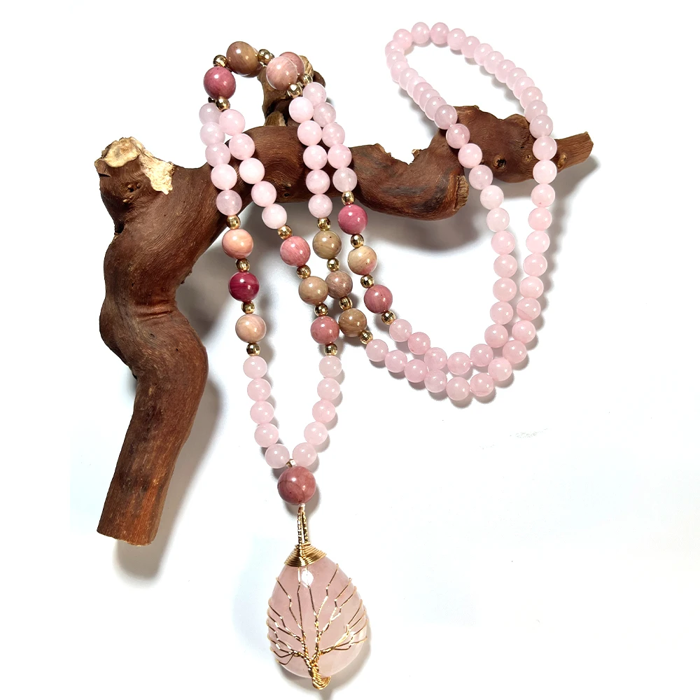 Collar de cuentas de cuarzo rosa rodocrosita con colgante de cuarzo rosa para hombres y mujeres