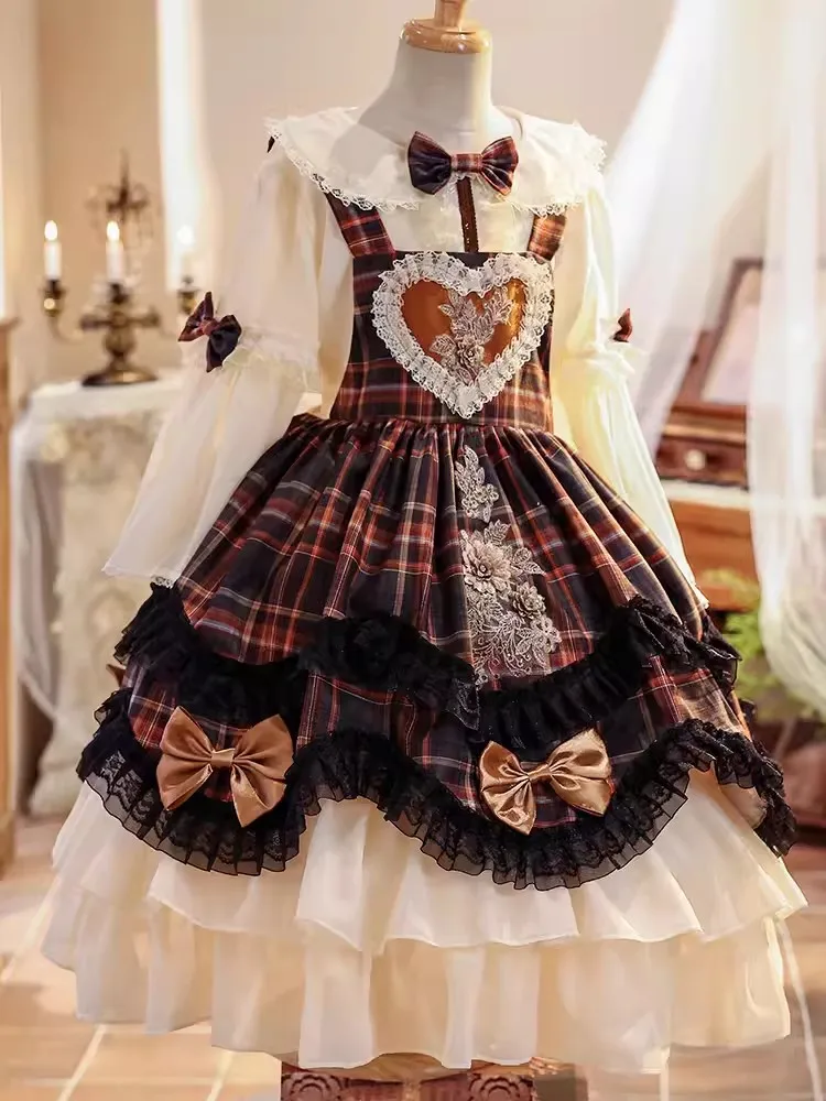 Real Picture Princess Flower Girl Dresses Lace Bow Plaid Long Sleeve Lolita Birthday Party Dress Halloween Occasion Costume 2025