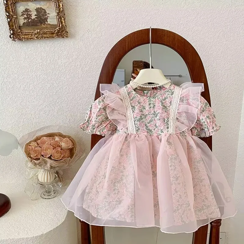 Summer New Girls Princess Dress Floral Bubble Sleeve Dresses Kids Party Wedding Birthday Tutu Gown Children Clothing