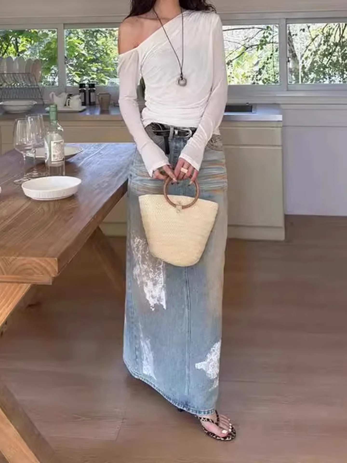 Outono inverno feminino vintage y2k split denim maxi saia a linha impressão harajuku japonês grunge 2000s cyber punk e-girl maré nova