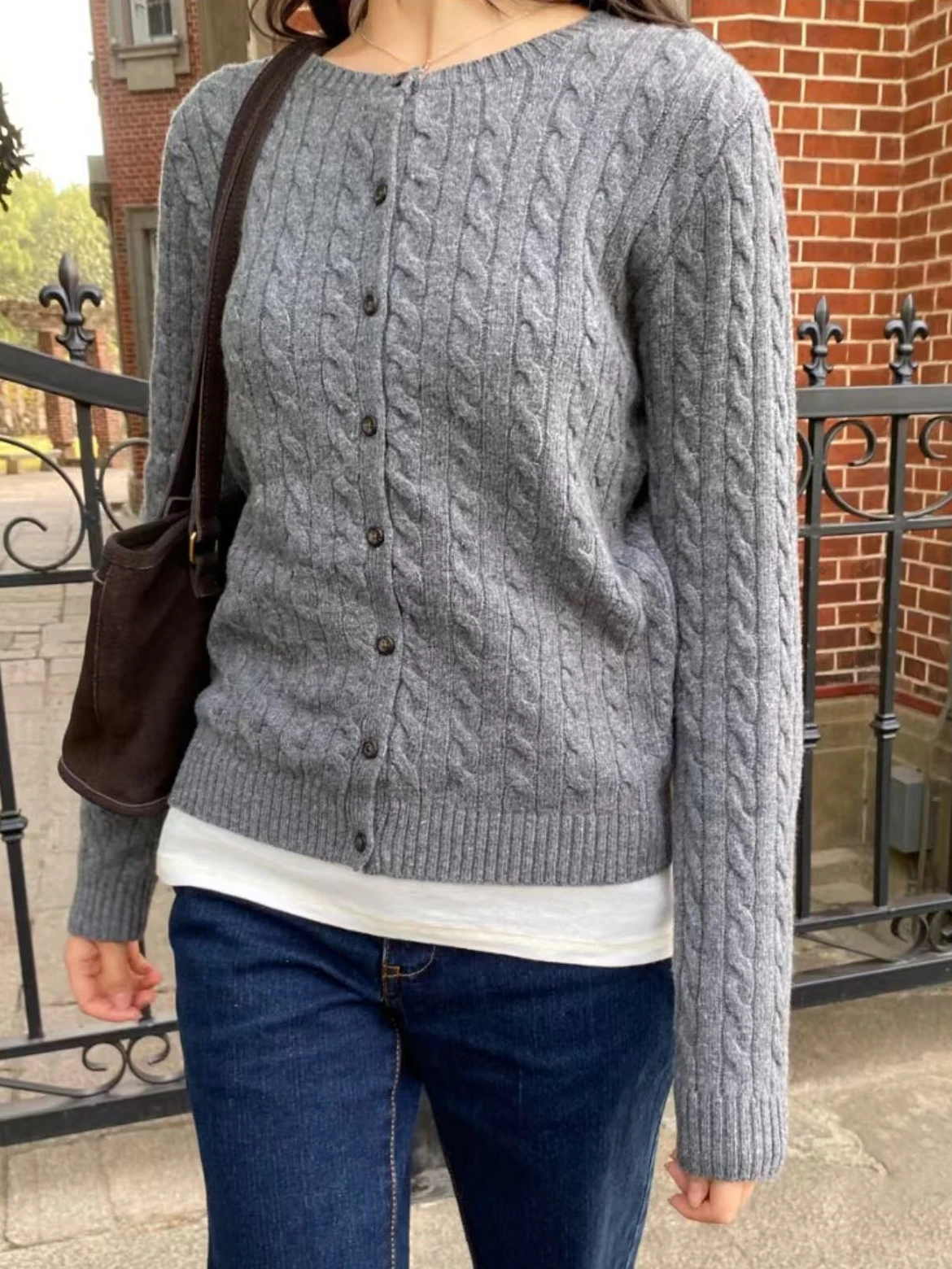 

Twist Flower Sweater CardiganSpringDeep Grey Single Breasted O-neck Long Sleeve Cotton Knitwear Vintage Preppy Style Sweaters