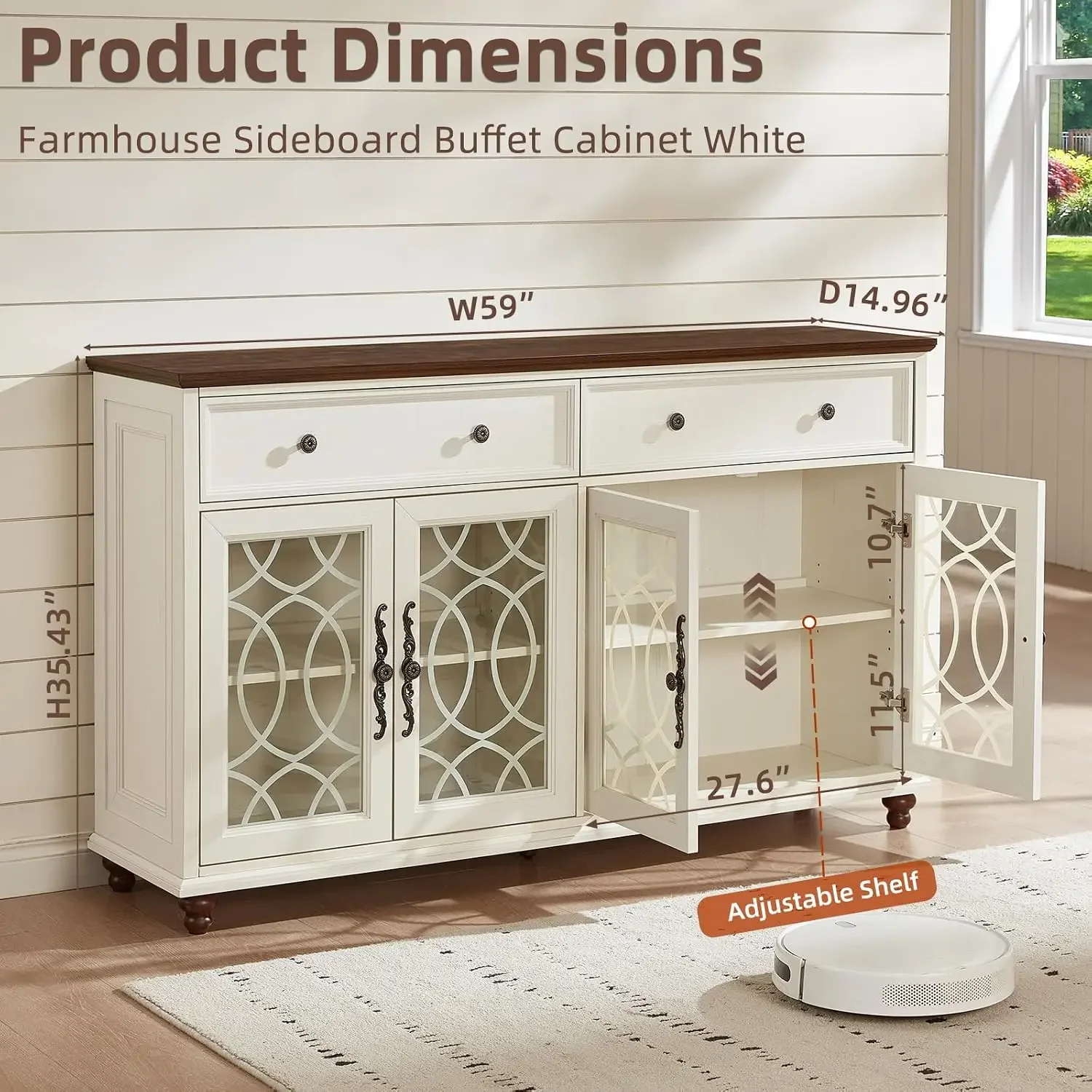 White Farmhouse Sideboard Buffet 59 Inch Credenza 4 Glass Doors 2 Drawers Kitchen Coffee Bar Adjustable Shelves