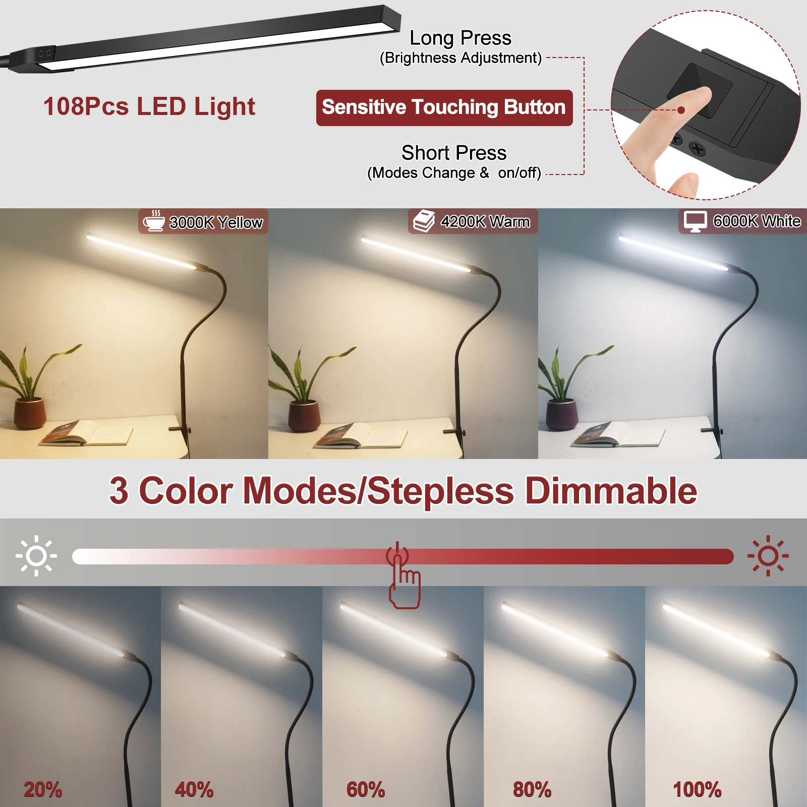 Newacalox-Desk Lamp para Home Office, Luz de mesa com braçadeira, Botão Touch, Cor Ajustável, Temperatura e Brilho