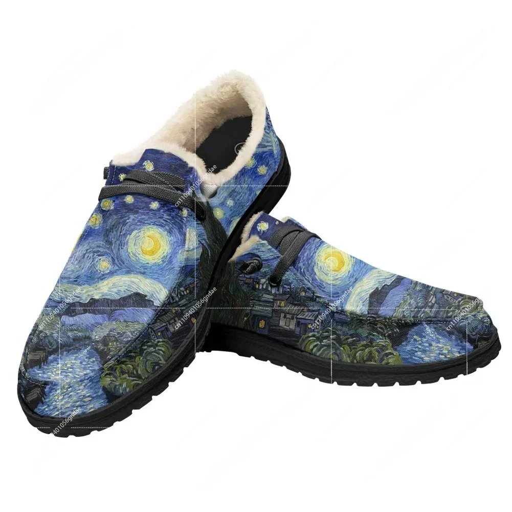 Vincent Van Gogh Starry Night Oil Painting Plush Casual Shoes3D Print Flat Shoe Men Woman Breathable Lightweight Custom Shoe