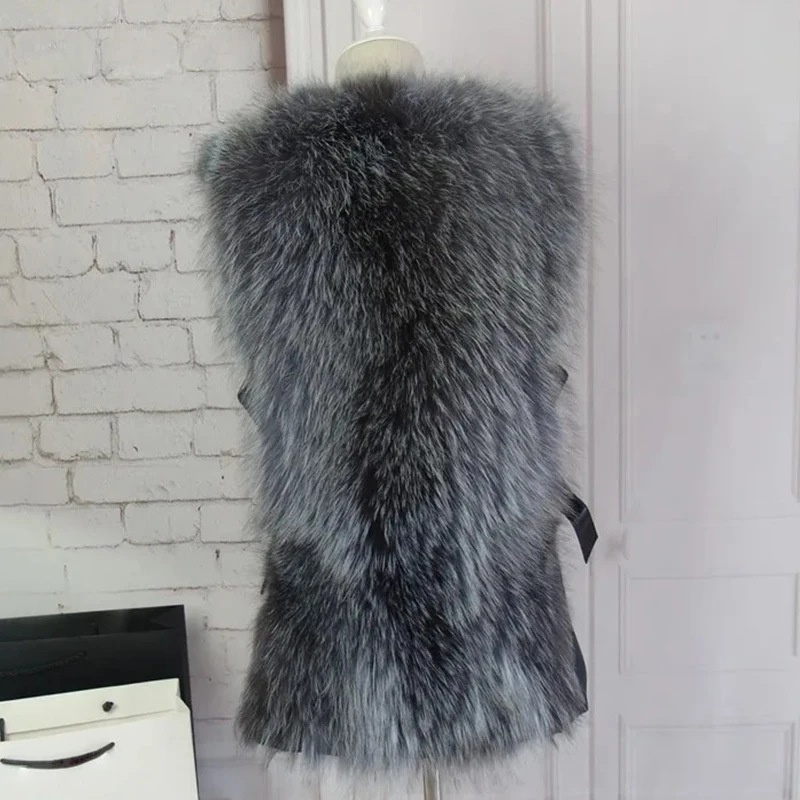 سترة فرو الثعلب الفضي سترة فرو حقيقي مع جلد النساء الشتاء الثعلب الفراء جيليه موضة جديدة الملابس النسائية الفاخرة