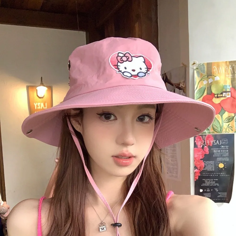 Sombrero de cubo con protección UV para niñas y mujeres, gorro Kawaii rosa de Hello Kitty, Sanrio, Anime, Boonie, grande, a la moda