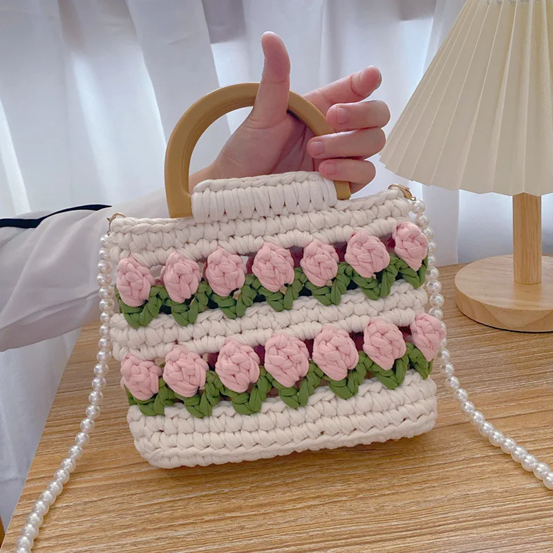 

Women Tote Bag Floral Crochet Large Capacity Knitted Bag Trendy Handmade Cut-out Boho Bag Vintage Multicolor Hollow Out Handbag