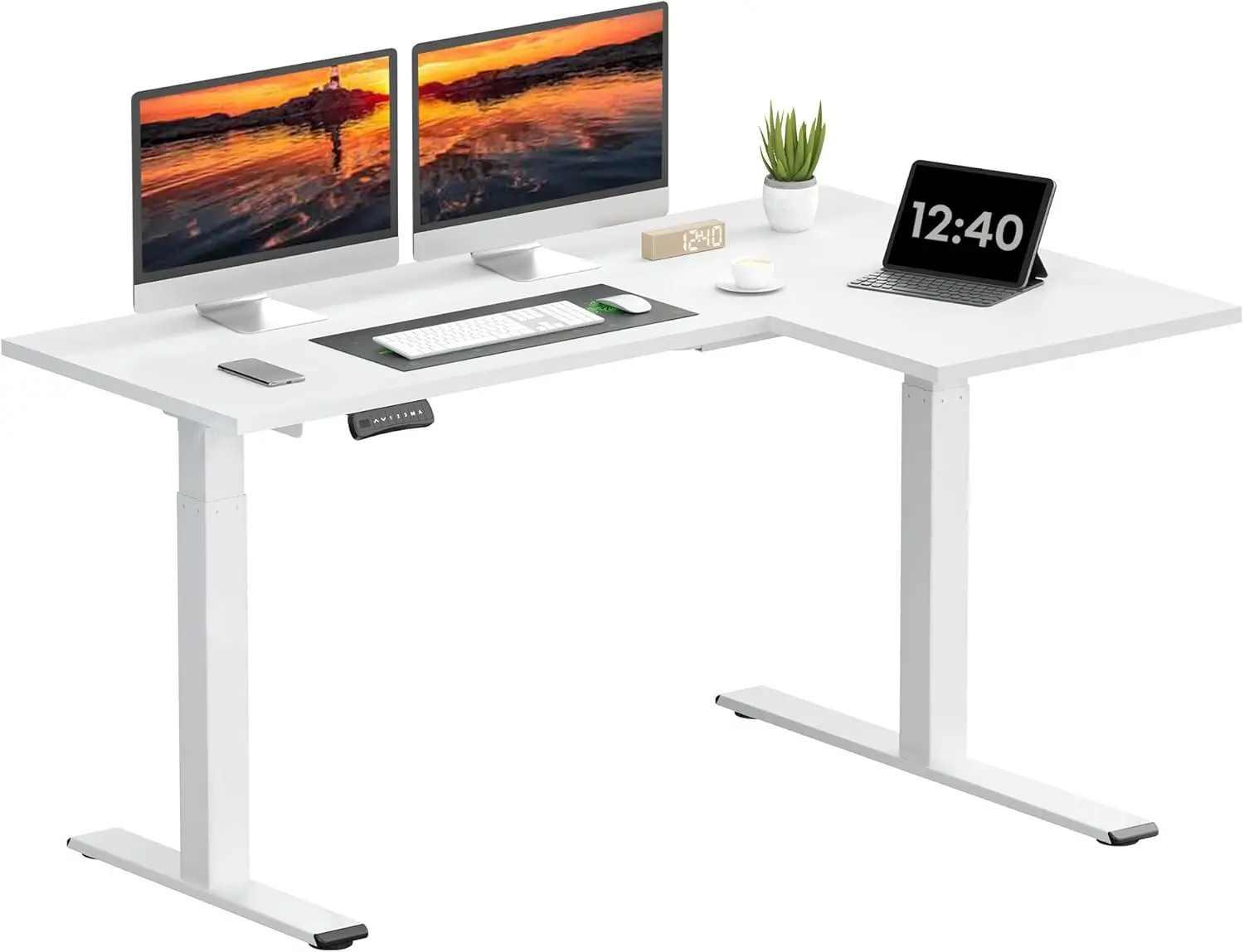 

63-Inch Large Dual Motor L-Shaped Electric Height Adjustable Standing Desk - Reversible Panel - White Top/White Frame