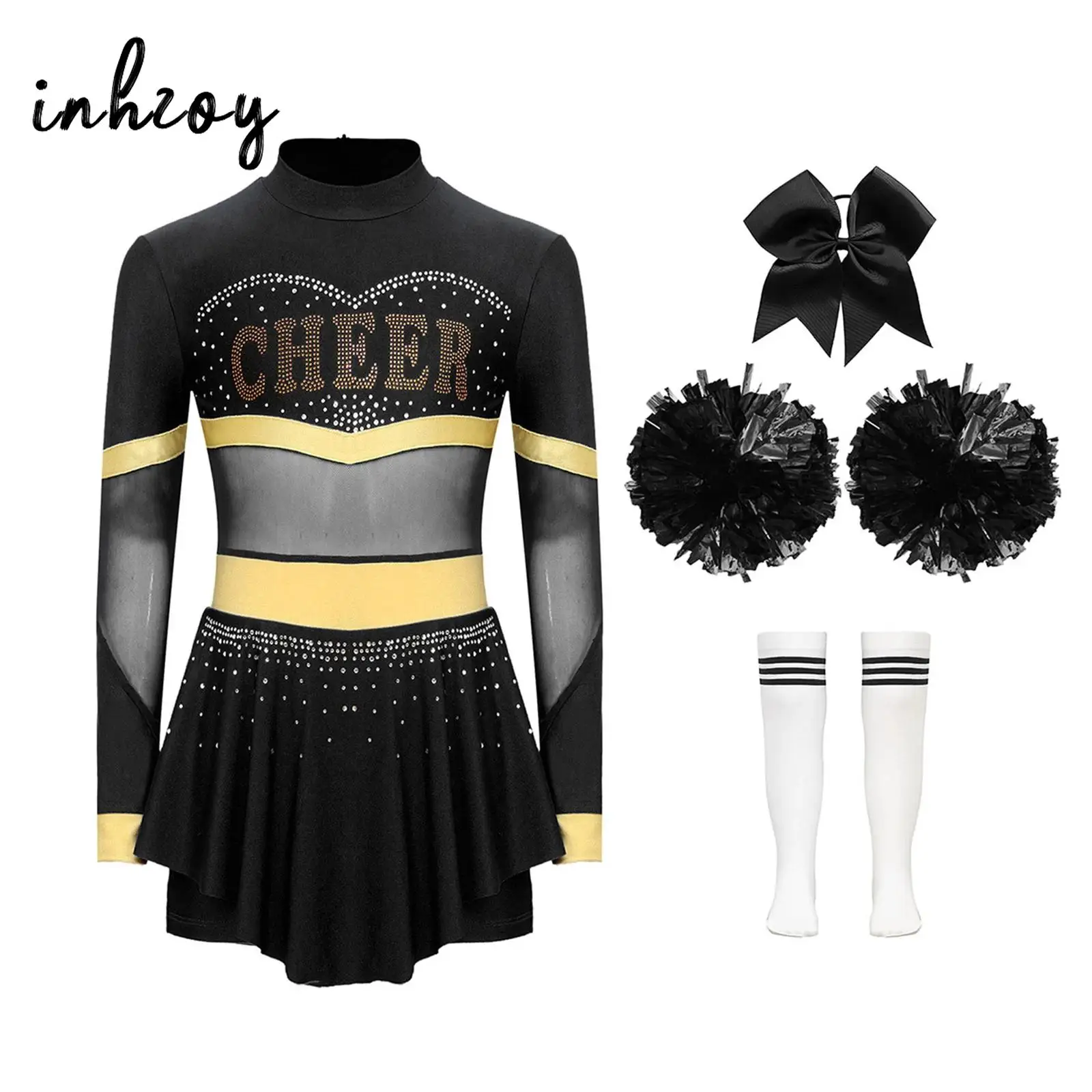 

4Pcs Girls Cheer Leader Cosplay Costume Outfits Halloween Fancy Dress Cheerleading Uniform with Pom Poms Stocking Hair Tie Sets