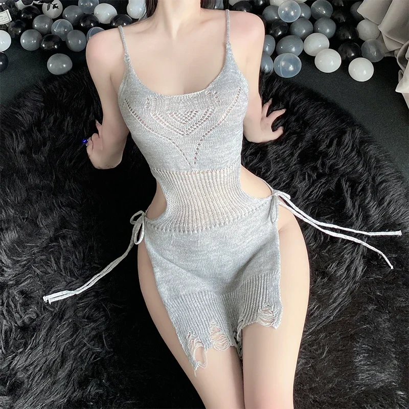 New Women Sexy Business Dress Sweater Knitted Dress Solid Color Sheer Bodsyuit Nightwear Temperament Lingerie Exotic Costume xxx