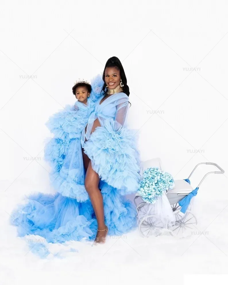 Sky Blue Mother Daughter Matching Dress for Photoshoot Birthday Party Dress Mommy and Me Family Look Maternity Baby Shower Gowns