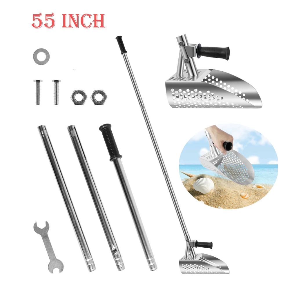55in Beach Treasure Hunting Sand Scoop Metal Detecting Sand Scoop with Removable Long Handle Rustproof Handheld Detector Shovel