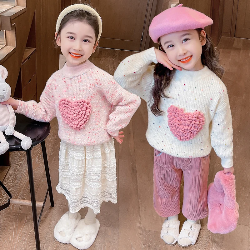 جميل نمط الطفل 3D القلب سترة للأطفال فتاة لطيف لون الحلوى تريكو الخريف ملابس طفل رضيع أزياء محبوك الزي