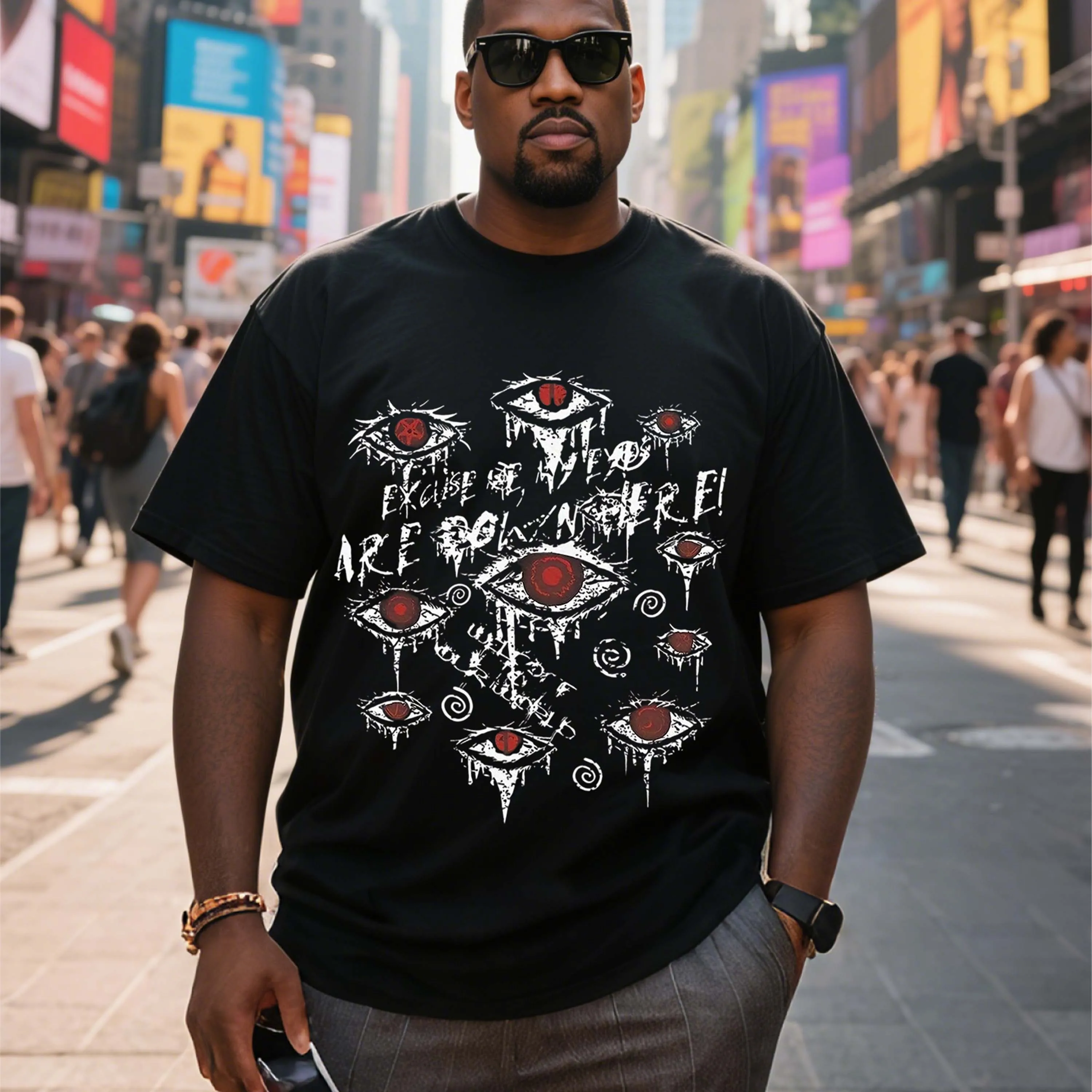 Plus Size Black T-Shirt with Eye Ball Pattern for Street Style Fashion Suitable for Outdoor Leisure Wear in Summer