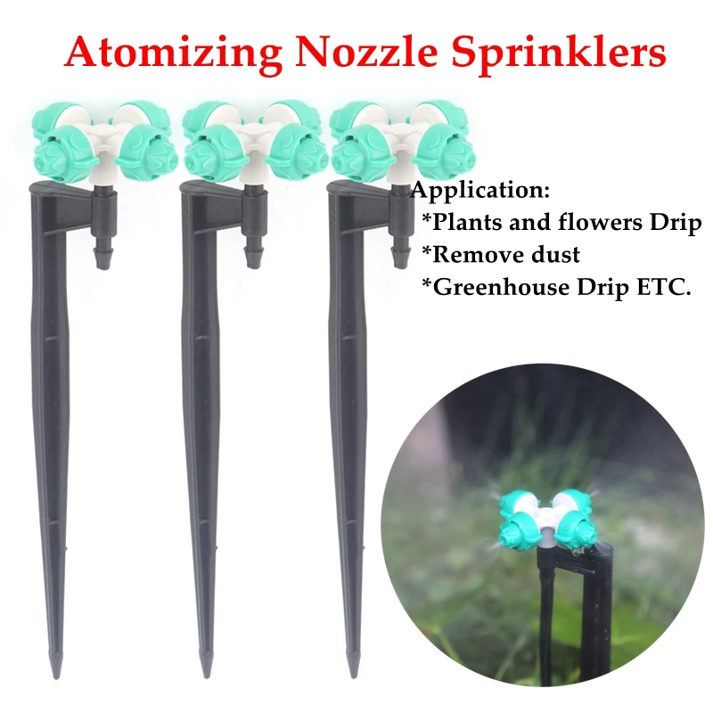 4Pcs 4-Head Green Flower Round Atomizing Nozzle Irrigation Sprinkler cross misting Nozzle Support Spike Watering Sprinklers